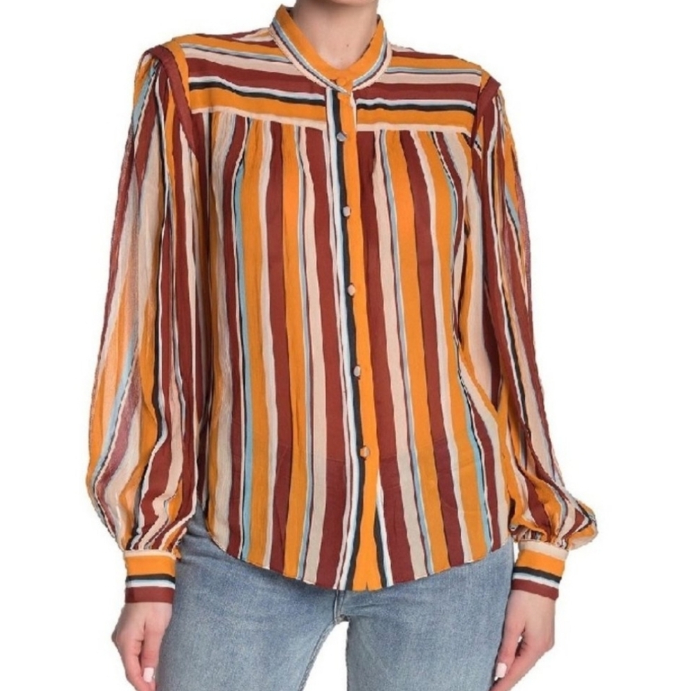 Frame Denim 100% Silk Multicolor Striped Sheer Blouse